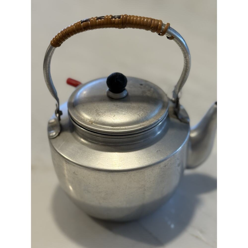 Vintage aluminum teapot wicker wrap handle and red knob accent 50's Japan